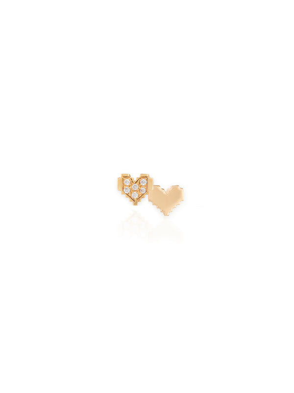 Gold Two Small Attached Diamond Pixel Heart Single Earring