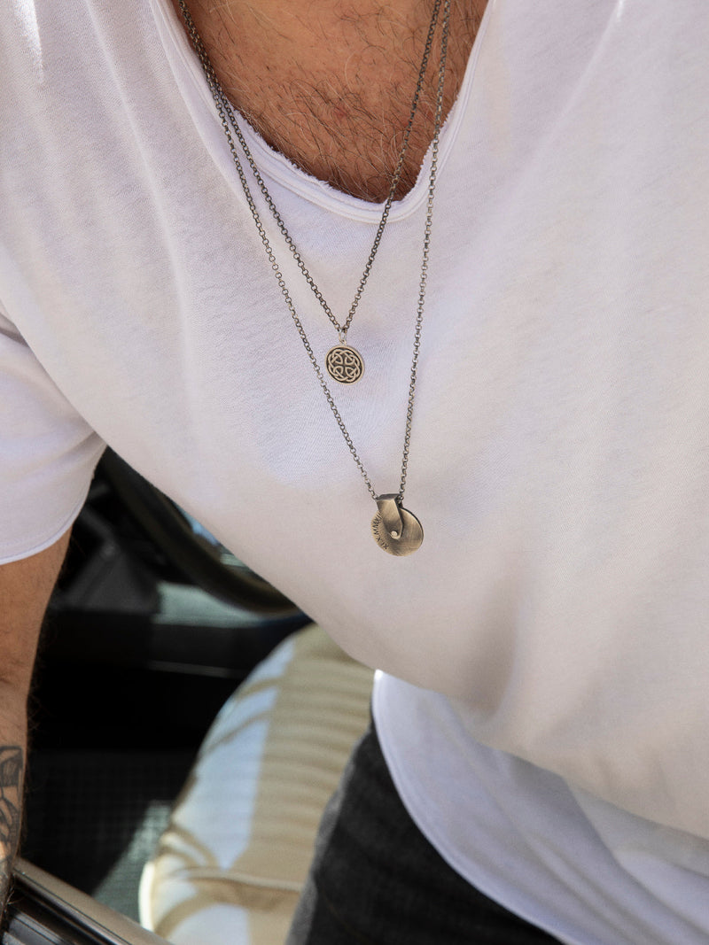Engraved Disc Wheel Necklace Silver