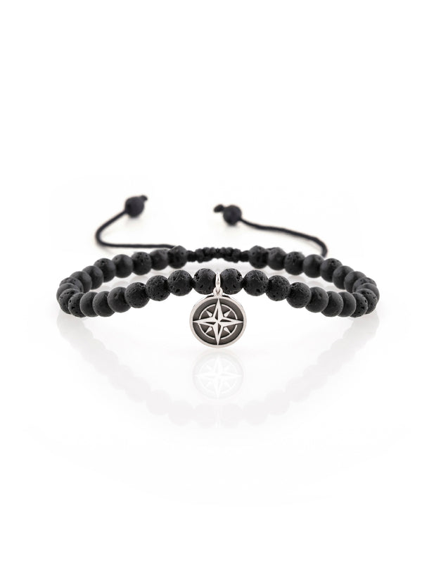 Compass Lava Stone Bracelet Silver