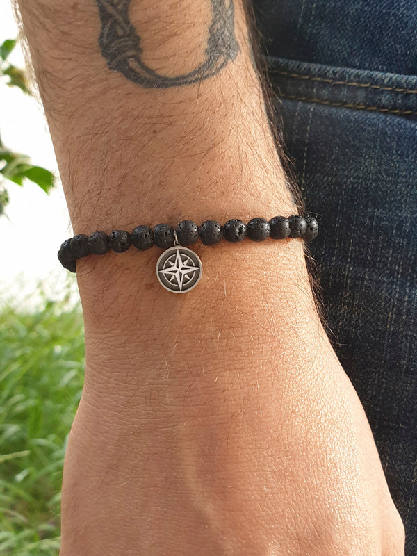 Compass Lava Stone Bracelet Silver