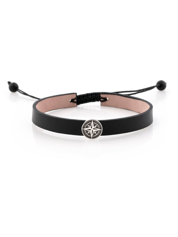 Compass Leather Bracelet Silver