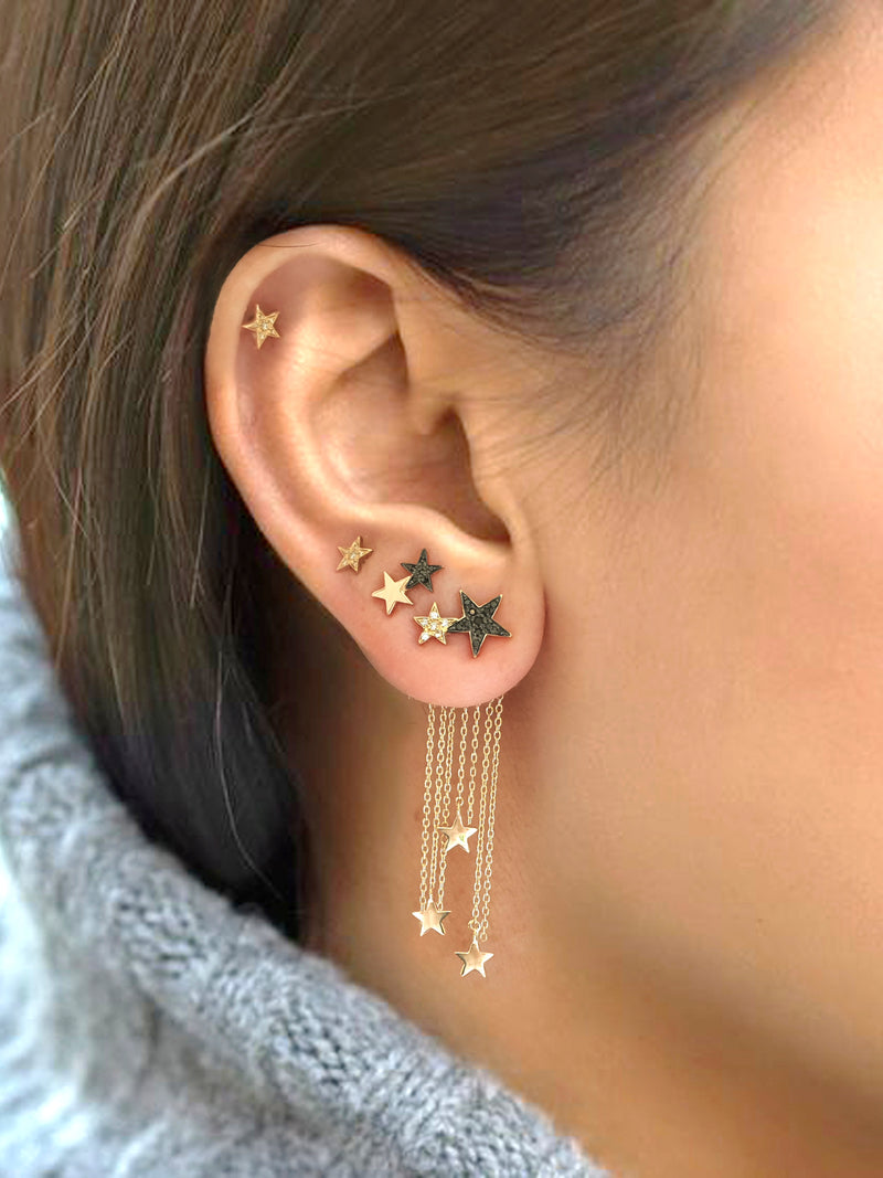 Attached Medium & Small Gold Diamond Stars Earring