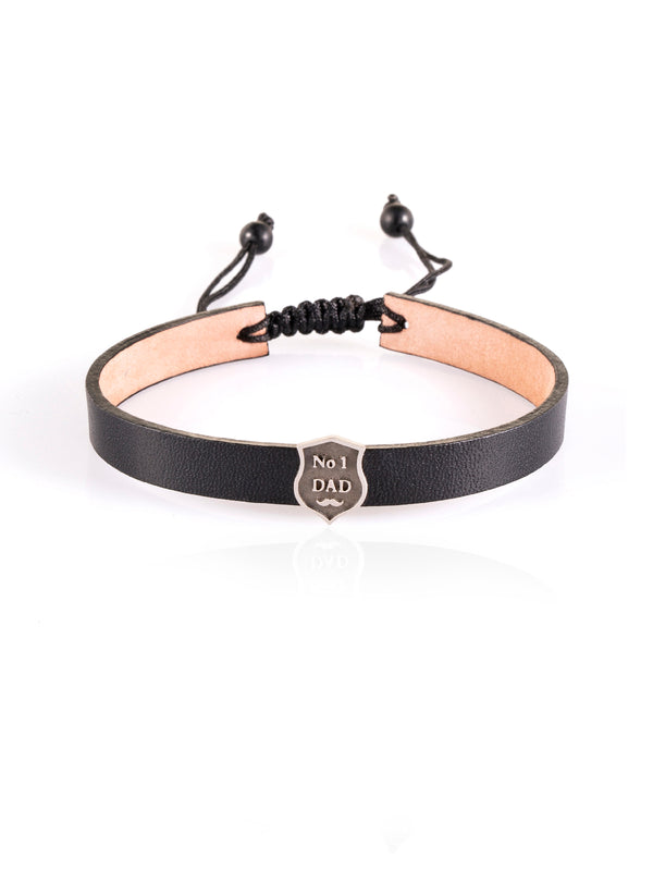 Number One Dad Shield Leather Bracelet Silver