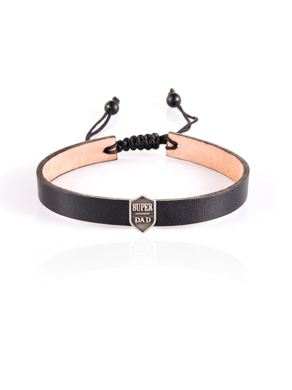 Super Dad Shield Leather Bracelet Silver