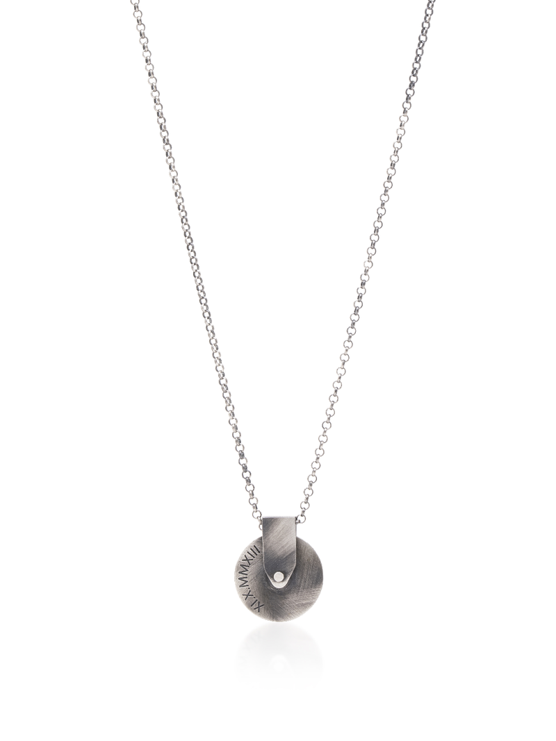 Engraved Disc Wheel Necklace Silver