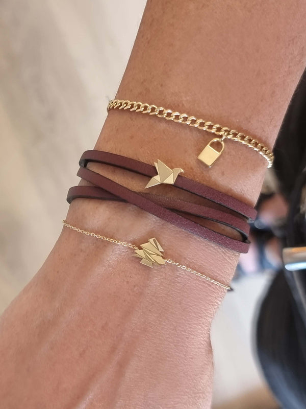 Humming Bird Three Wrap Gold Leather Bracelet