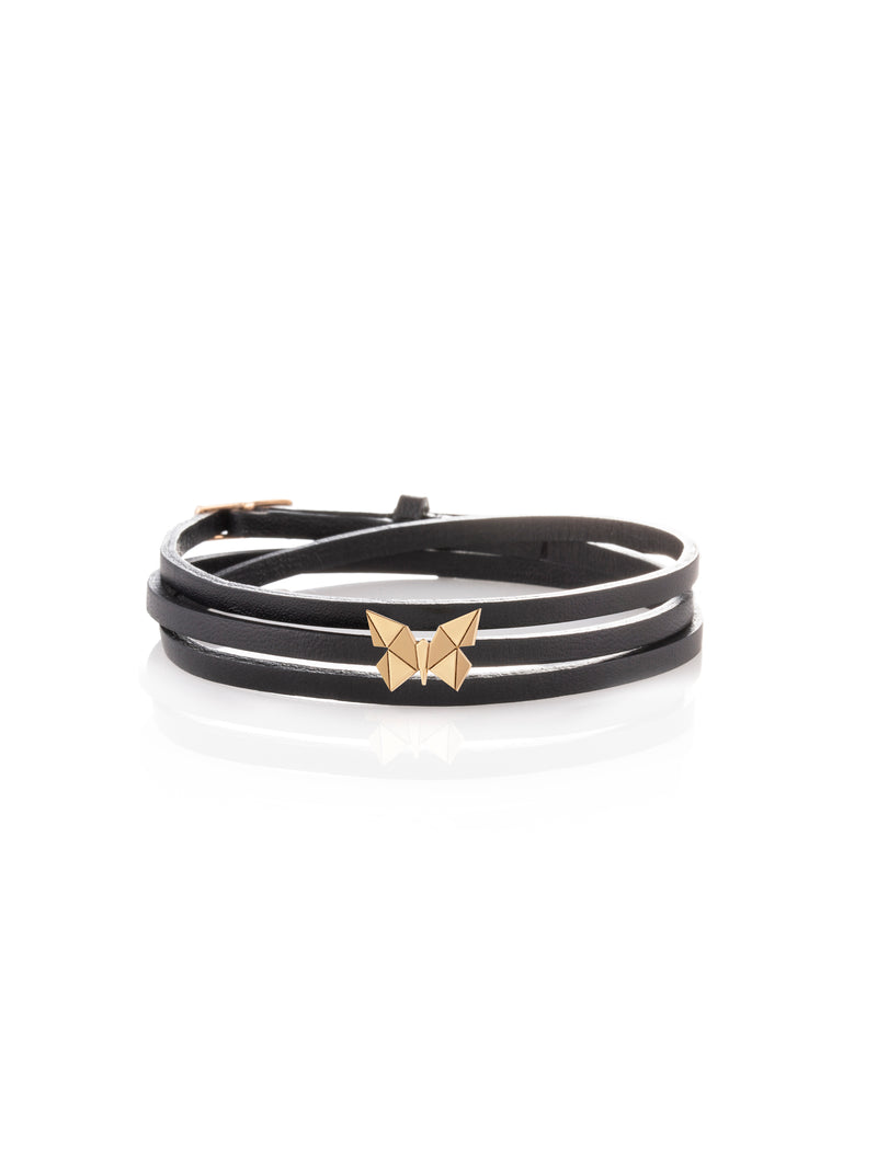 Butterfly Three Wrap Gold Leather Bracelet