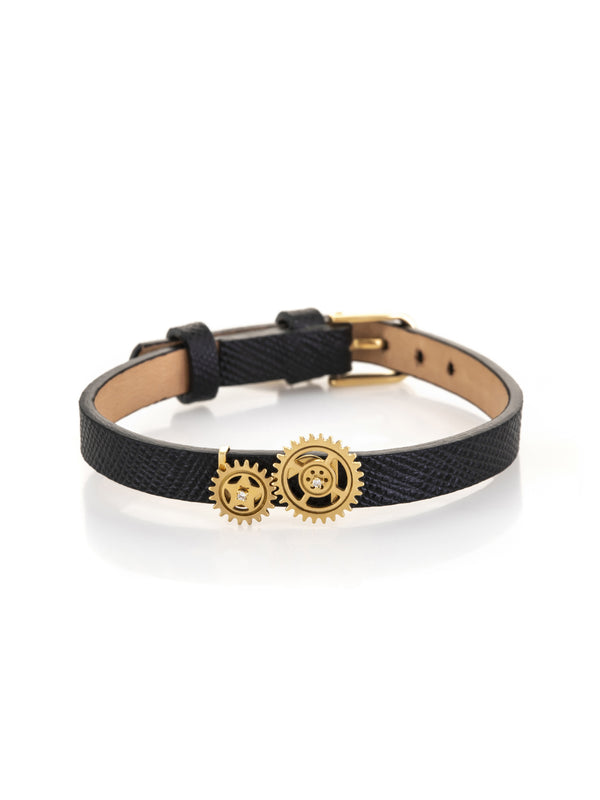 Duo Gear Leather Bracelet  - Gold Diamond