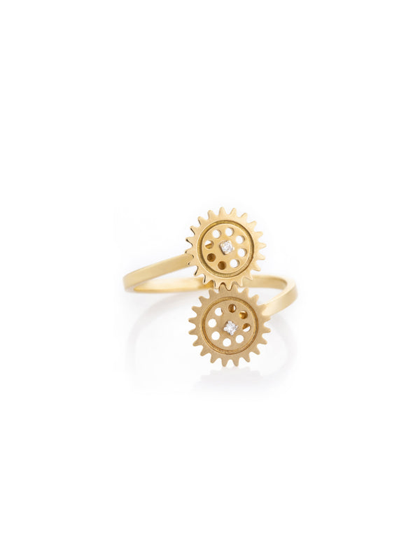 Gold Diamond Duo Gear Ring