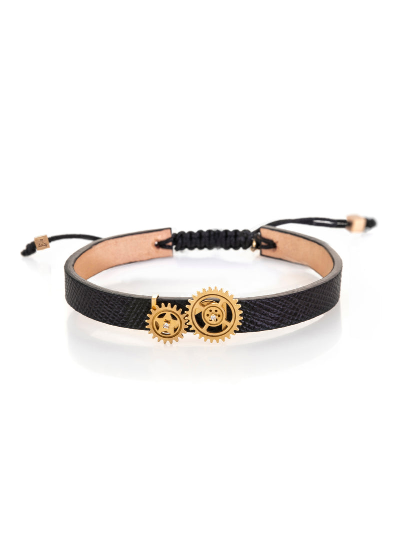 Duo Gear Leather Bracelet  - Gold Diamond