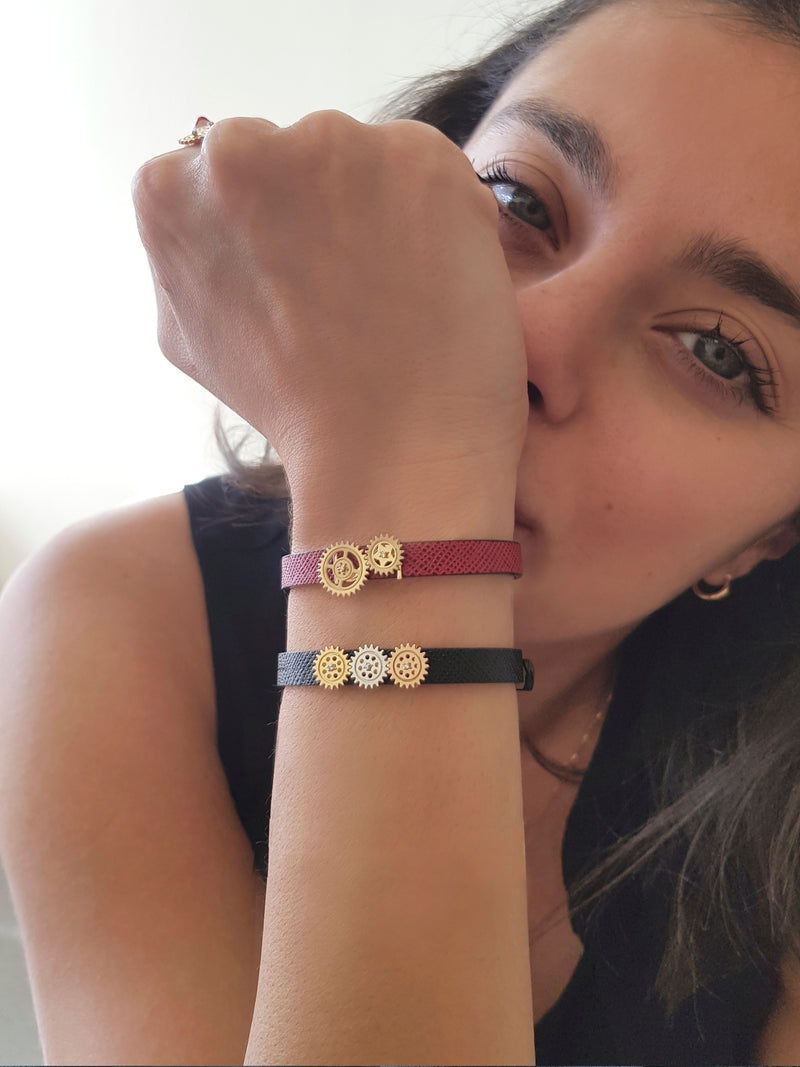 Duo Gear Leather Bracelet  - Gold Diamond