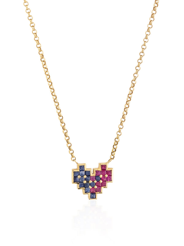 Large Ruby Sapphire Pixel Heart Necklace