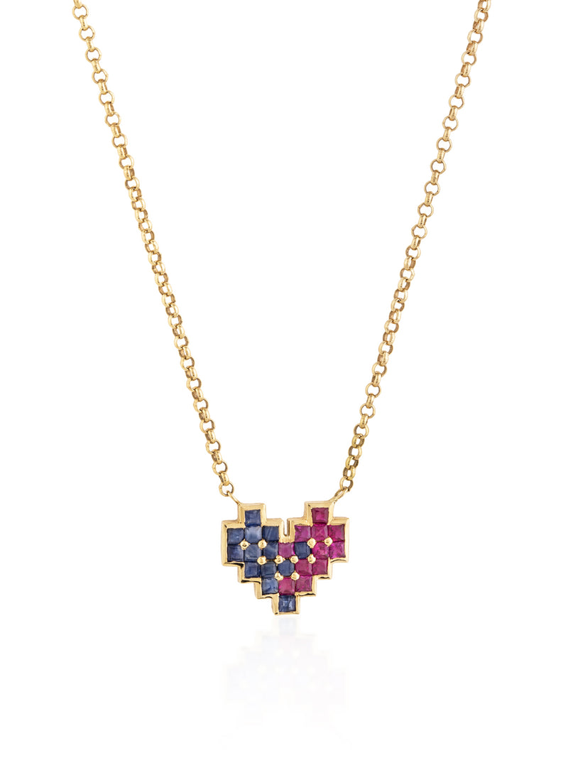 Large Ruby Sapphire Pixel Heart Gold Necklace