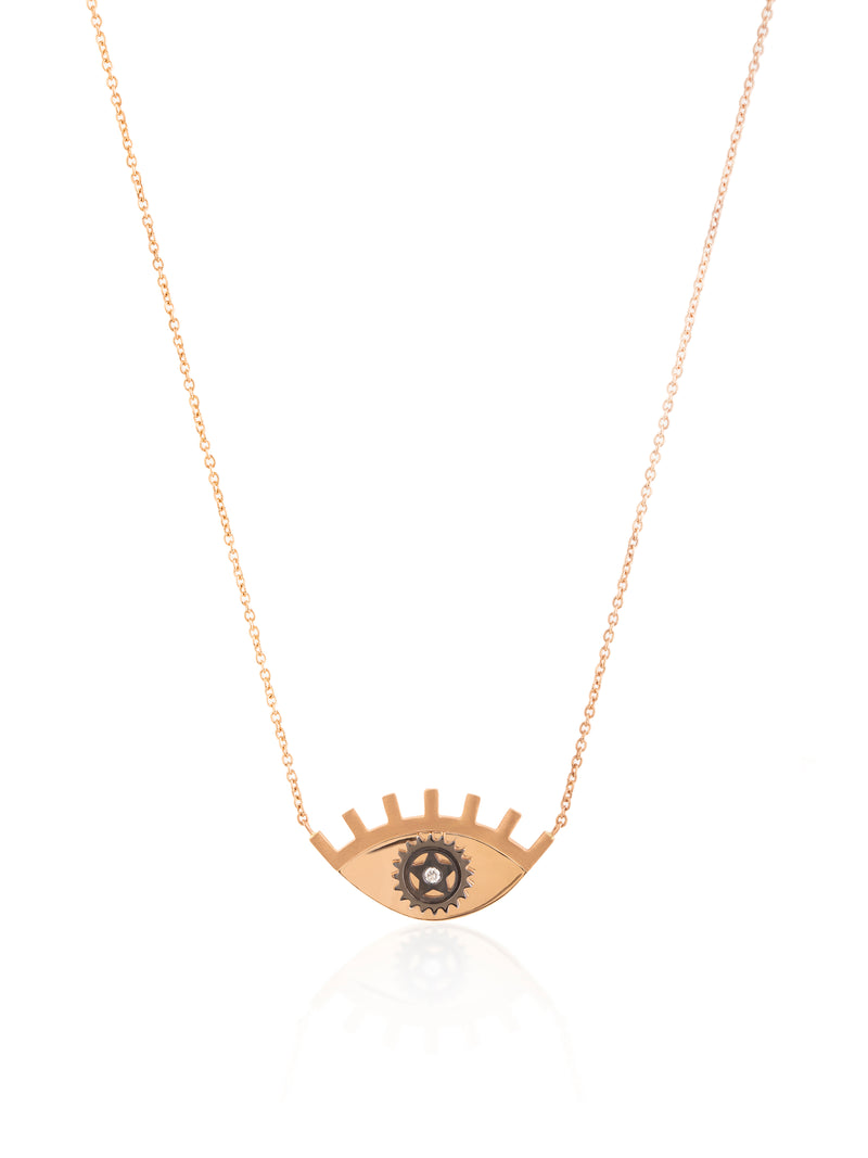 Large Gear Eye Necklace - Gold Diamond