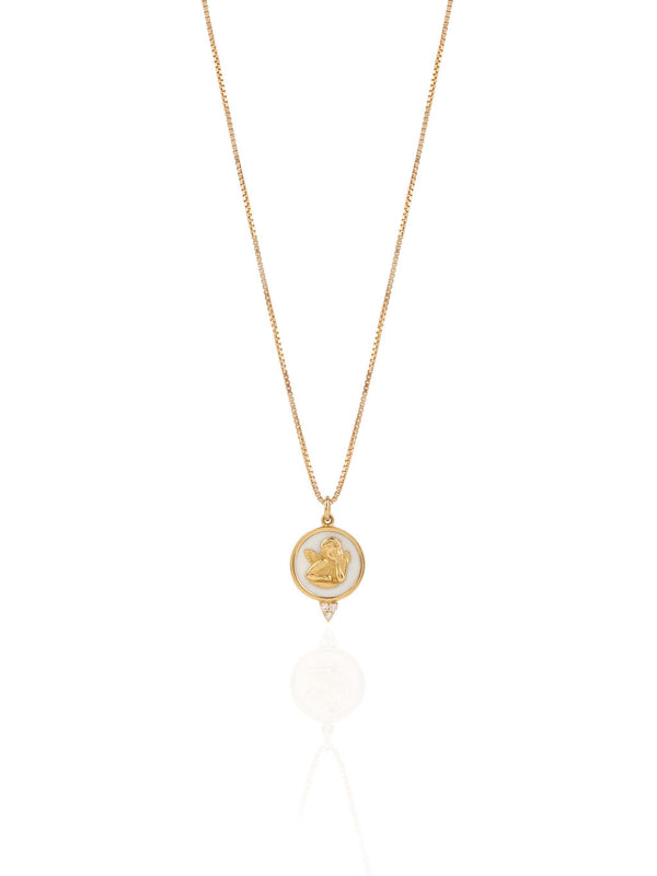 Guardian Angel Necklace with Mother of Pearls and Diamond Drops on a Box