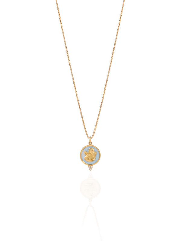 Guardian Angel Necklace with Mother of Pearls and Diamond Drops on a Box