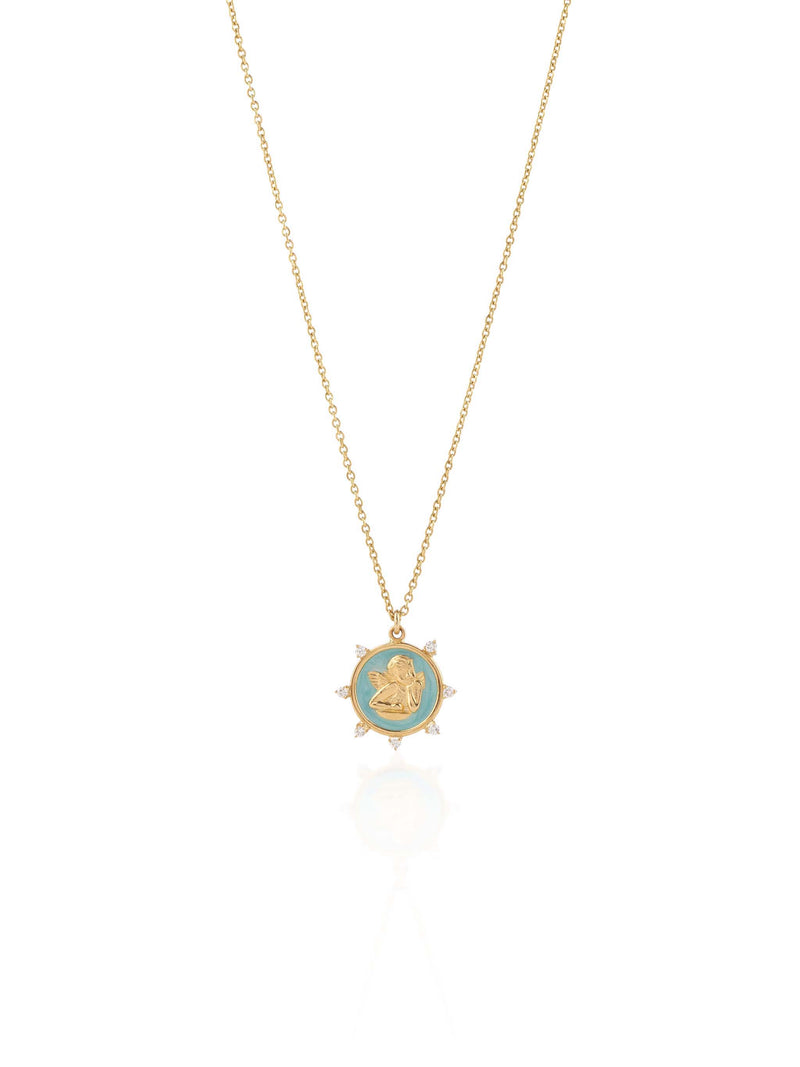 Guardian Angel Necklace with Mother of Pearls and Diamonds All Around