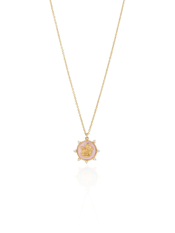 Guardian Angel Necklace with Mother of Pearls and Diamonds All Around