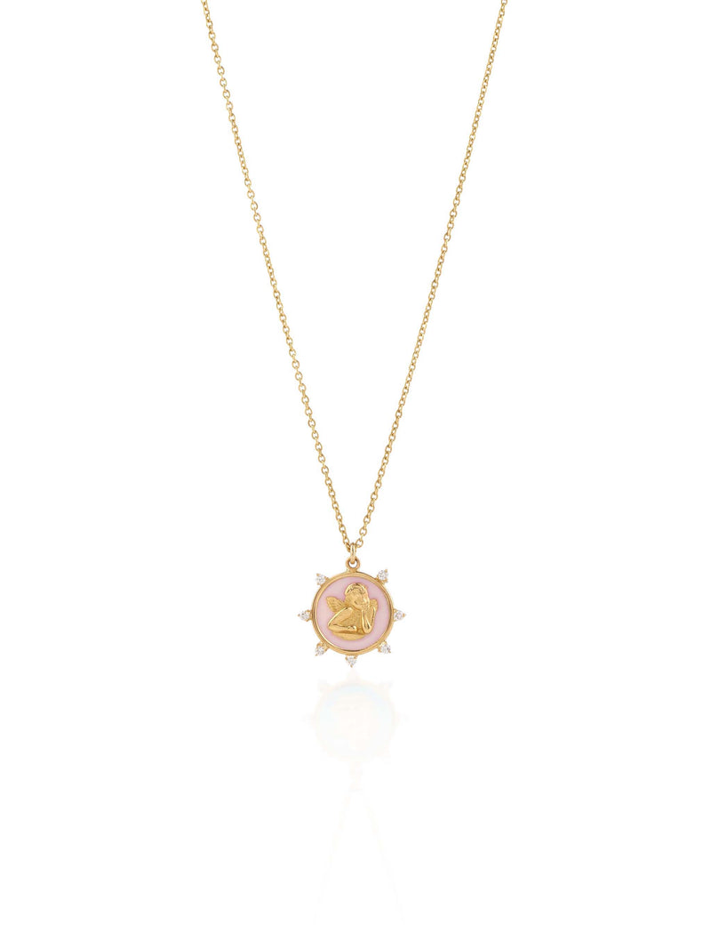 Guardian Angel Necklace with Mother of Pearls and Diamonds All Around