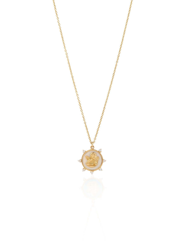 Guardian Angel Necklace with Mother of Pearls and Diamonds All Around
