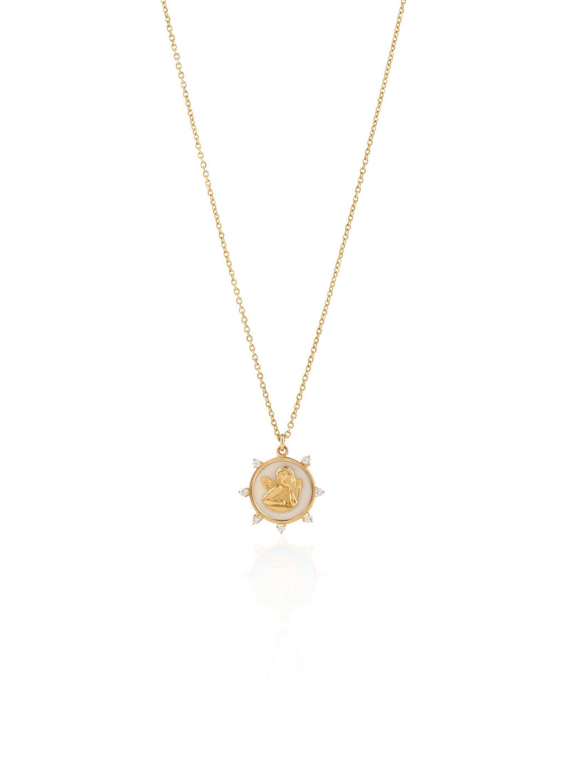 Guardian Angel Necklace with Mother of Pearls and Diamonds All Around