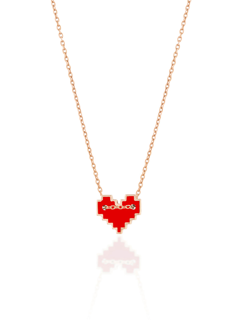 Medium Enamel Pixel Heart Gold Necklace