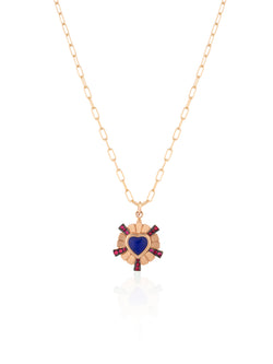 Small Blue and Ruby Queen of Hearts Gold Necklace