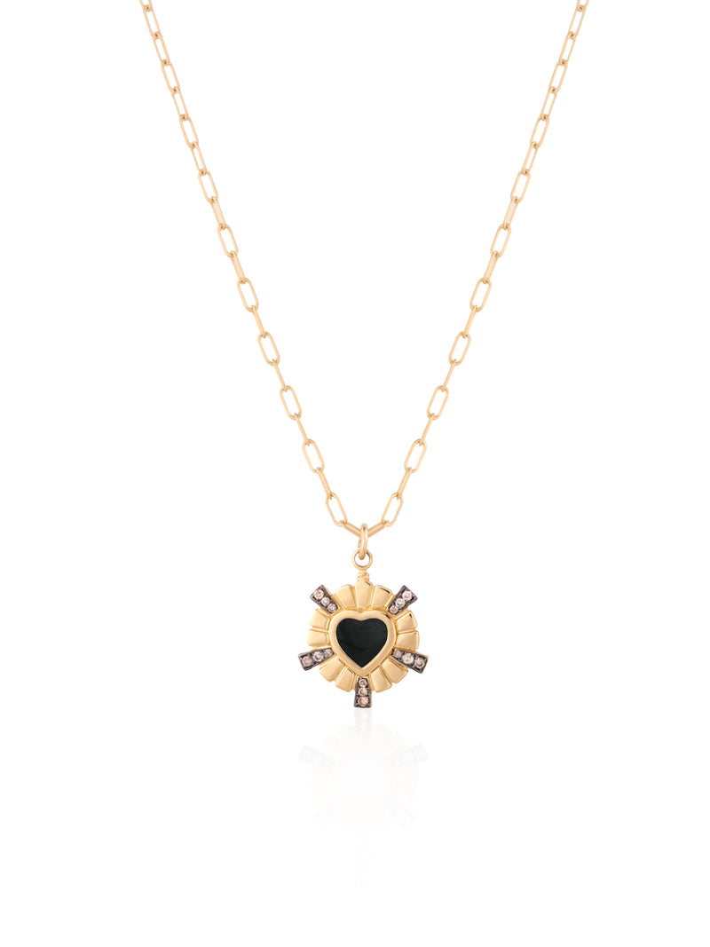 Small Black Enamel and Brown Diamonds Queen of Hearts Gold Necklace