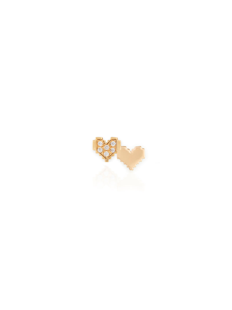 Gold Two Small Attached Diamond Pixel Heart Single Earring